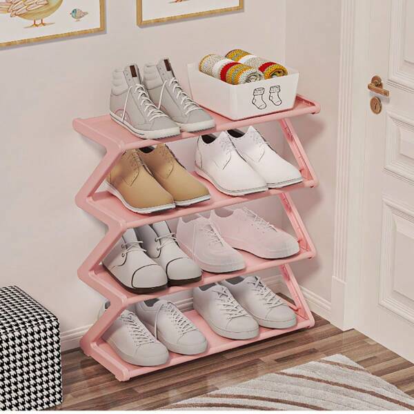 Portascarpe a quattro ripiani a forma di Z, facile da assemblare senza attrezzi, organizer per scarpe in plastica rosa impilabile, adatto per casa, dormitorio e soggiorno, design salvaspazio a terra, organizer per scarpe [Gli standard di prodotto sono soggetti al prodotto effettivamente ricevuto].
