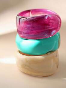 3条/1pc欧美爆款优雅组合复古夸张个性宽面女款树脂不对称手链适合日常佩戴节日佩戴波西米亚风（手工染色大理石纹效果。颜色随机发货。） - 彩色 - 查看 13