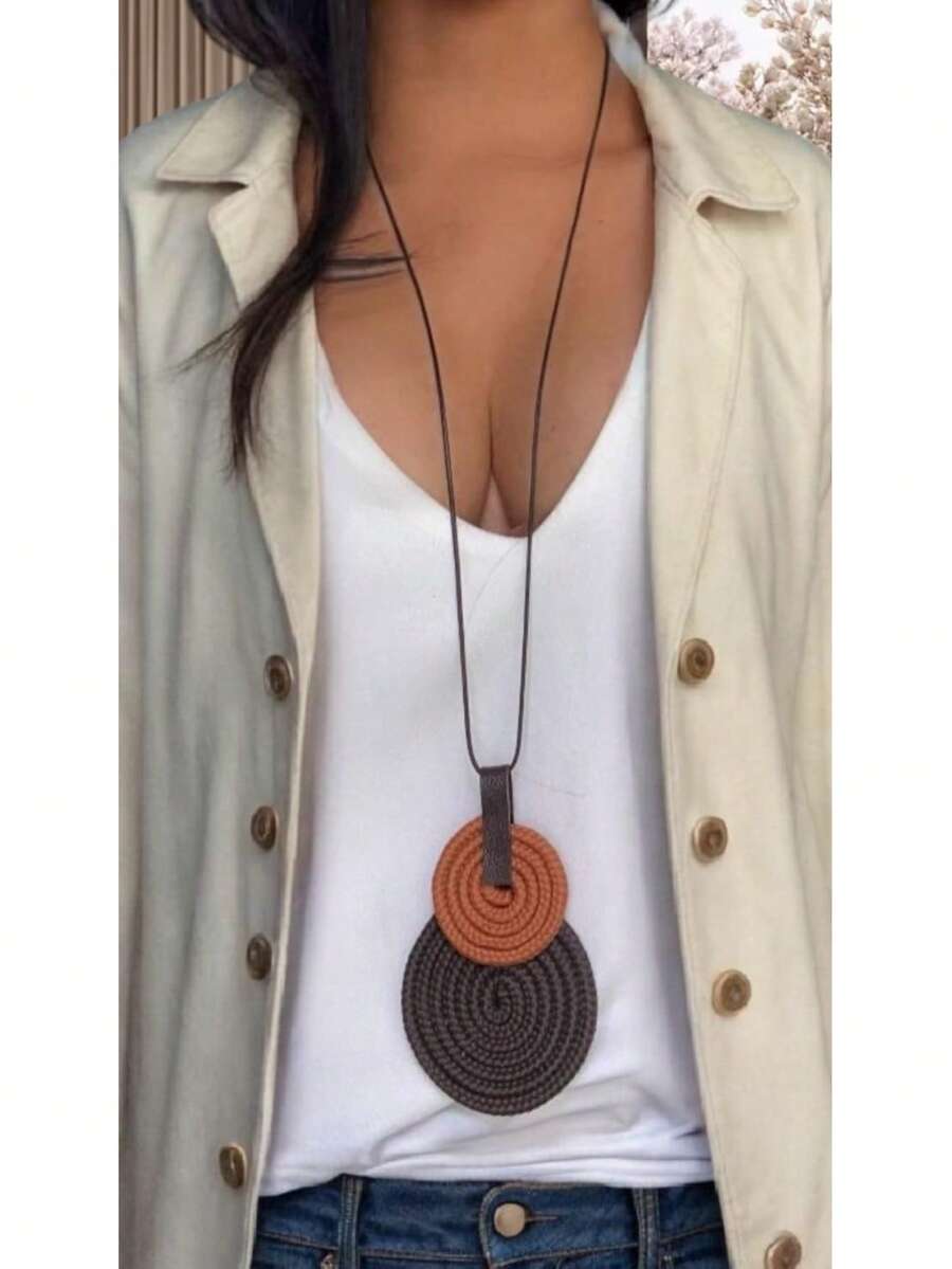 Women's Long Necklace Color Handmade Mandal Pendant - 19.棕色/赤陶色 - 查看 1