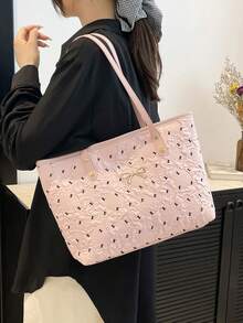 休闲大容量菱格纹纯色蝴蝶结手提包，简约时尚托特包，2025新款 - 粉色 - 查看 2