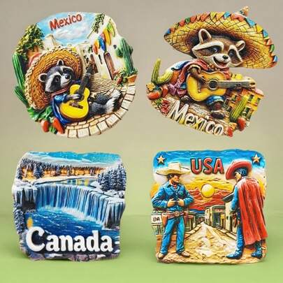 1pc Mexico Street Guitar Sombrero Raccoon Refrigerator Magnet, US, Canada Niagara Falls Souvenir Gift, 3D Magnetic Decorative Sticker