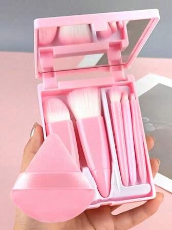 5 Pieces, Convenient Makeup Brush Set With Dressing Mirror, Convenient For Traveling, Plastic Brush Handle, Comfortable And Soft Grip, Foundation Powder, Smudge Eyeshadow Brush, Lip Brush, Small And Exquisite Facial Makeup Tools, As A Gift For Friends,Brush Set,Makeup Brush Kit,Make Up Brush Set,Make Up Set Complete,Makeup Brush Set,Complete Makeup Kit,Brush Kit,Brushes Makeup Set,Makeup Gift Set