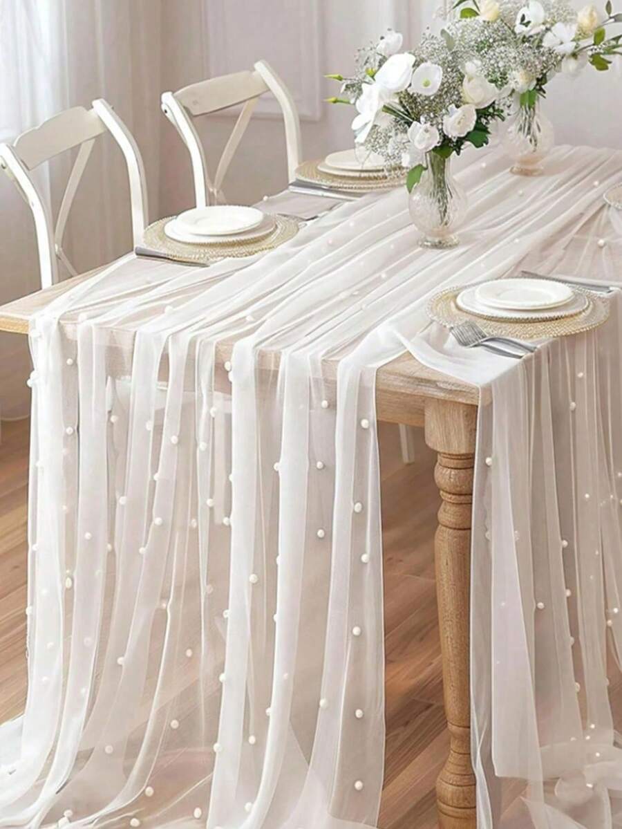 2pcs 39in White Pearled Tulle Table Runner, Suitable For Wedding Arch, Dining Table Centerpiece, Chair Sash, Table Cloth, Bridal Shower, Theme Party, Event Backdrop, Flower Packaging, Outdoor Garden Decor