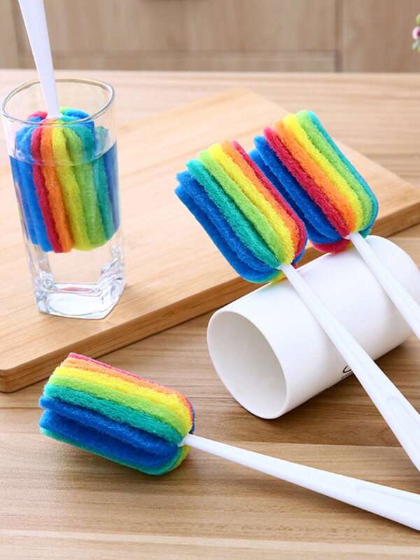 1pc/5pcs Rainbow Dish Brush, Soft Multi-Color Sponge Cup Brush With Long Handle, Reusable Plastic Kitchen Cleaning Brush For Glass And Ceramic Bottles, No Electricity Required, Long Handle Cup Brush, Cleaning Bottle Brush, 7-Color Dishcloth Cup Brush, Brush, Sponge Dishcloth Brush