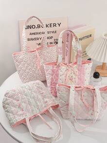 1 件绗缝女士迷你手提包粉色蝴蝶结印花购物手提包清新碎花午餐包非隔热午餐包食品收纳包大容量单肩包轻便旅行化妆品收纳包花卉化妆包