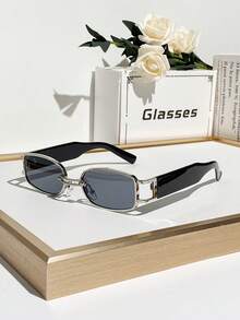 1 Paar Damen Metall Quadratisch Schmal Rahmen Retro Hip-Hop Koreanischer Stil Vielseitige Mode Brille, geeignet für den täglichen Gebrauch, Urlaub, Sonnenschutz, Hochzeitssaison - Damen - Silber - Übersicht 2