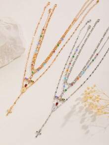 3pcs/Set Fashionable Colorful Beaded Cross Pendant Multi-Layer Y-Necklace, Suitable For Ladies Everyday Wear - Multicolor - View 1