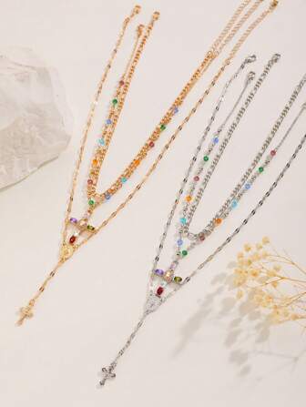 3pcs/Set Fashionable Colorful Beaded Cross Pendant Multi-Layer Y-Necklace, Suitable For Ladies Everyday Wear