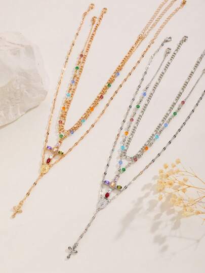 3pcs/Set Fashionable Colorful Beaded Cross Pendant Multi-Layer Y-Necklace, Suitable For Ladies Everyday Wear