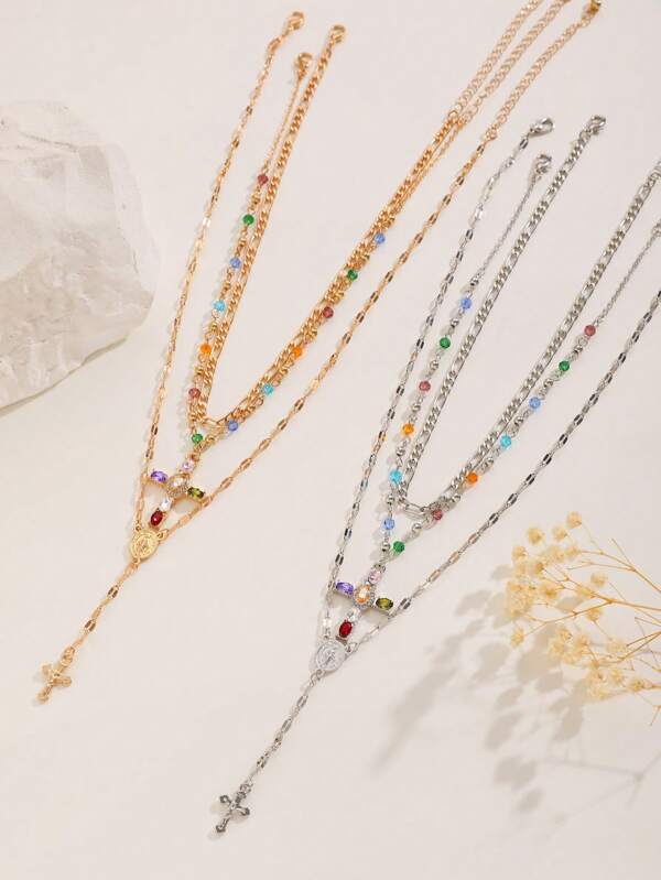 3pcs/Set Fashionable Colorful Beaded Cross Pendant Multi-Layer Y-Necklace, Suitable For Ladies Everyday Wear
