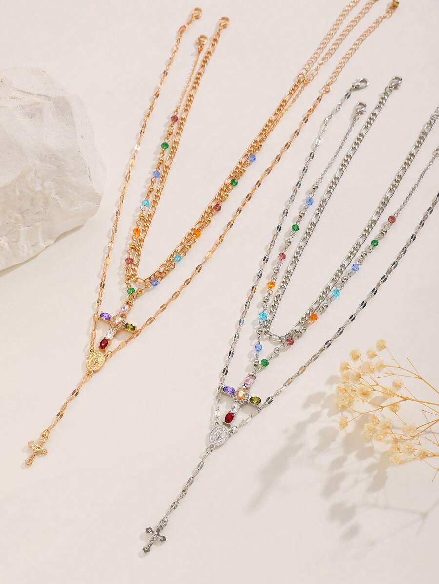 3pcs/Set Fashionable Colorful Beaded Cross Pendant Multi-Layer Y-Necklace, Suitable For Ladies Everyday Wear - Multicolor - View 1