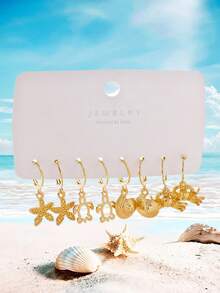 1set/8pcs Starfish & Shell Design Gold Tone Earrings, Minimalist Style Earrings For Women, Suitable For Daily, Beach, Vacation Wear - Earring Set - View 9