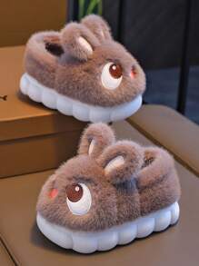 1 双毛绒兔耳设计拖鞋，配有柔软人造毛皮衬里和防滑橡胶鞋底，适合幼儿和儿童的温暖室内拖鞋 - 棕色 - 查看 4