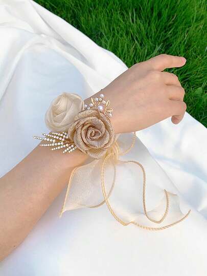1pc Valentine's Rose Wrist Corsage, Gift, Wedding Decoration, Bridal And Bridesmaids Accessory, Wedding Birthday Party