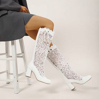 Botas femininas de cano alto em malha, elegantes, bico redondo, salto grosso, botas longas para primavera, outono e inverno