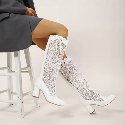 Stivali alti in rete da donna, alla moda ed eleganti, con punta tonda e tacco alto, ideali per primavera, autunno e inverno