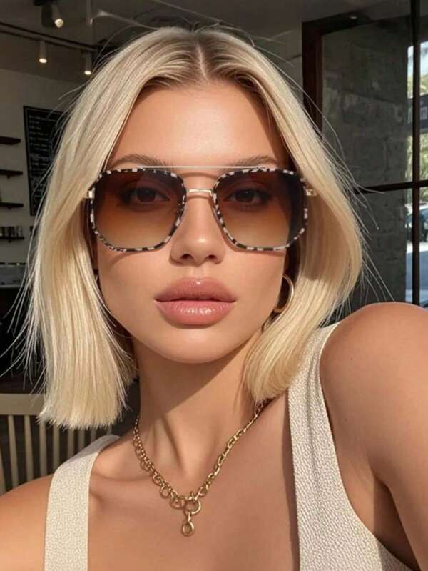 1pc Women's Metal Square Frame Double Bridge Elegant Classic Refined Vintage Charming Fashion Fashion Glasses, Suitable For Travel, Holiday, Driving, Business, Casual, Fashion Accessory