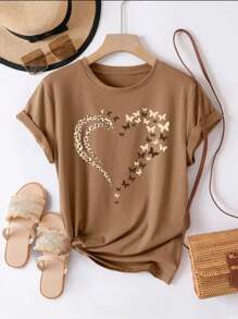 Women's T-Shirt Blouse Round Neck Cotton Mesh Printed Heart Butterfly Blouse In High Demand