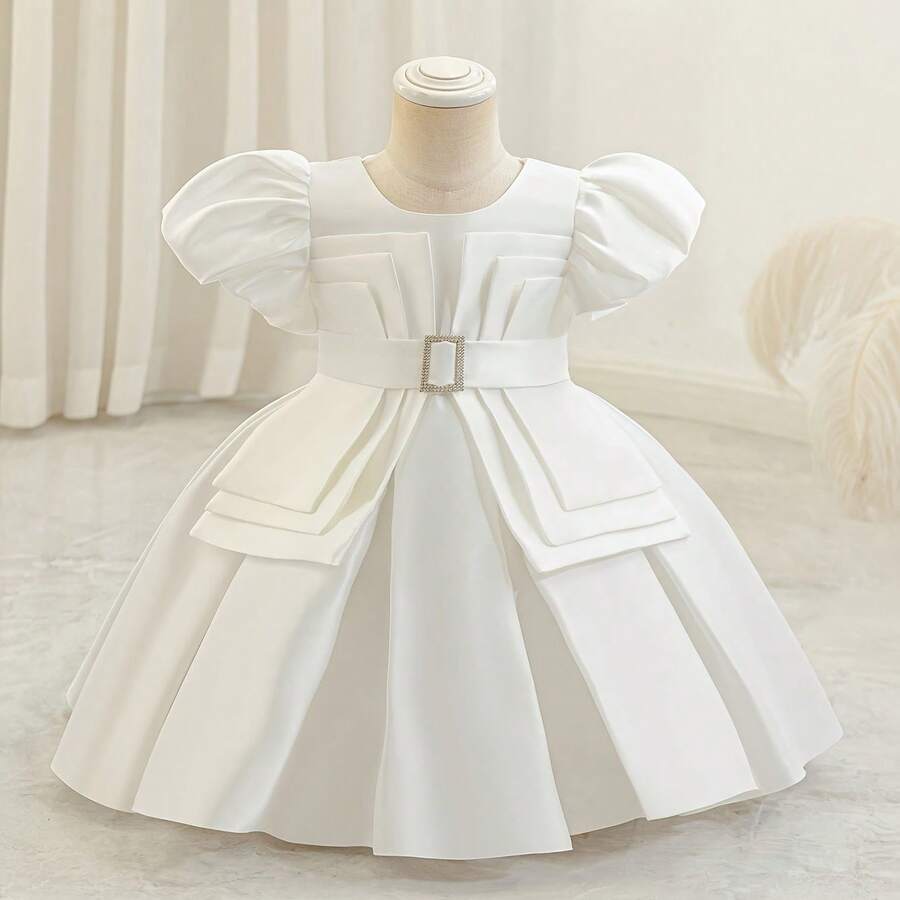 Vestido de princesa morado chic con mangas abullonadas - Longitud hasta la rodilla, con cinturón, dobladillo acampanado para fiestas de cumpleaños y actuaciones de jóvenes, vestidos para jóvenes - Blanco - Ver 1