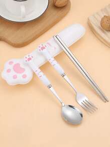 2/3pcs Stainless Steel Portable Tableware Fork Spoon Set With Cute Cat Claw Box - Durable, Easy-To-Clean, Ergonomic Coffee And Dessert Spoons For Home, Kitchen, And Restaurant Use With Adorable Cat-Shaped Design, Back To School
