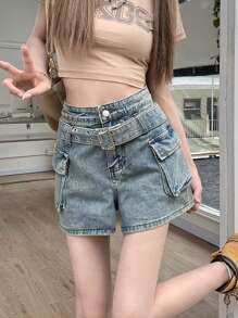 High Waist Solid Color Washed Casual Straight Leg Women Denim Shorts (With Belt)
