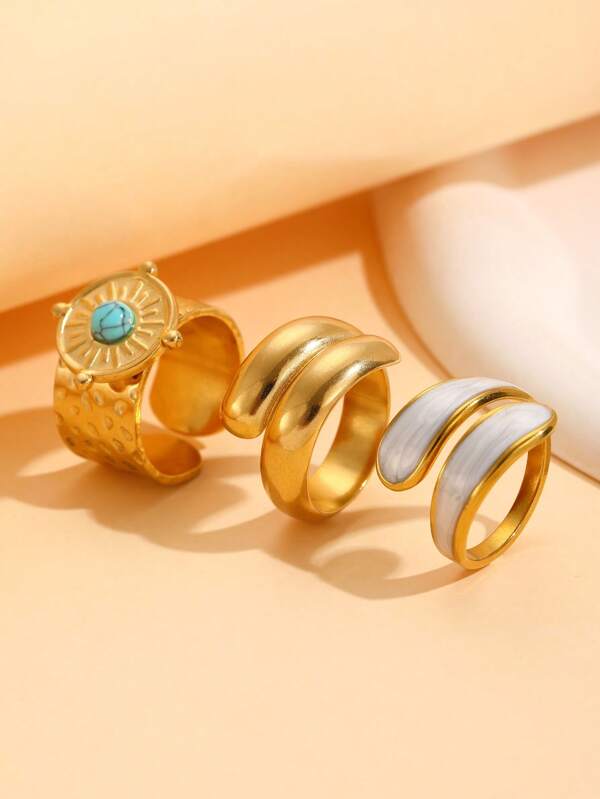 3pcs/Set Stainless Steel Plain Intersected Wide Sun Pattern Rings, Fashionable Jewelry Accessories Suitable For Women's Daily Wear