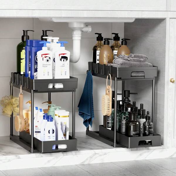 Under-Sink Storage Rack Set Of 2, Bathroom Cabinet Organizer, 2-Tier Sliding Cabinet Basket Storage Drawer, Multifunctional Bathroom Collection Basket, Feed Hook, Height Adjustable, Manual Movable Storage Rack (Black)
