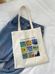 1 pieza Bolso de lona beige de moda, estampado de retazos de pintura al óleo, bolso de compras portátil para exteriores