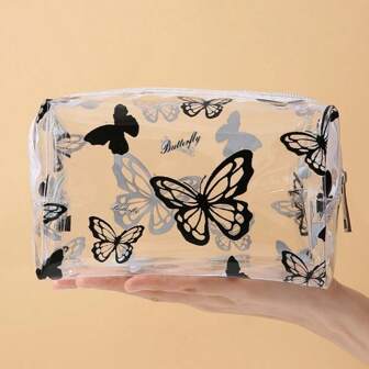 1pc Large Capacity Black Butterfly Pattern Transparent & Durable Storage Box, Fashionable Light Blue Butterfly Design, Suitable For Pens, Pencils, Markers, Big Size Stationery Storage, Zipper Closure, Pencil Case, Pencil Pouch, School Bag, School Supplies, Back To School