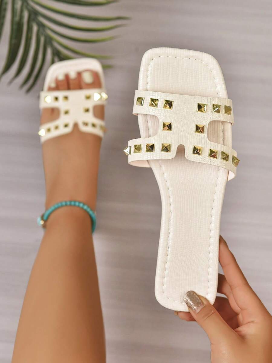 女士夏季时尚铆钉镶嵌H型朋克方头平底户外室内休闲舒适透气轻便基本款沙滩凉鞋