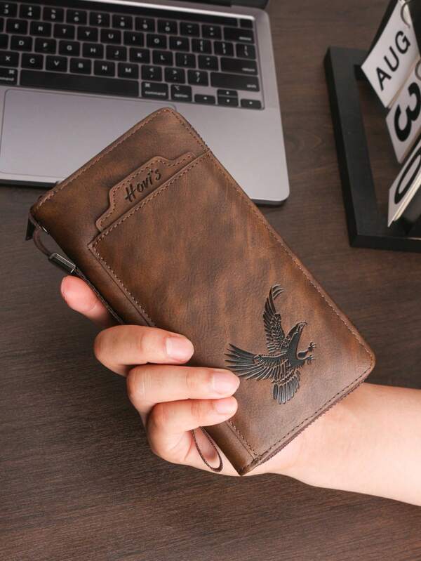 HOVI'S 1 pièce [Portefeuille homme aigle HOVI] + [Fin en PU de 19,5 cm] + [Multi-organiseur zippé] + [8 poches pour cartes et téléphone] pour les voyages d'affaires (19,5 * 10 * 2,5 cm) Accessoires de portefeuille