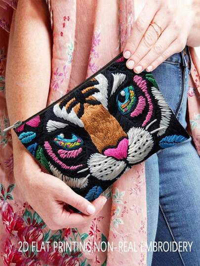 1 pieza Bolsa de cosméticos con estampado de tigre estilo bohemio, diseño de doble cara con cierre de cremallera , adecuado para viajes, campamento, uso diario, artículos de tocador, papelería y almacenamiento de maquillaje, gran regalo para amigos, estudiantes, maestros