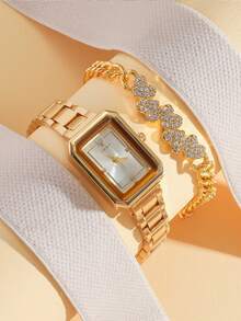 2pcs/Set Minimalist Rhinestone Roman Numeral Dial Stainless Steel Watch + Sparkling Heart Charm Bracelet, Suitable For Birthday, Graduation, Teen Gifts - Gold - View 6