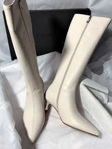 Fall/Winter Women's Pointed Toe High Heel Boots With Back Zipper, Elegant British Style Fashion Ankle Boot, Thickened Short Tube Boot,Kitten Heels - White - View 4