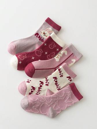 5 Pairs Children Girls Cartoon Mid-Calf Socks, Toddler To Big Kids Size 1-12 Years Old, Spring & Autumn