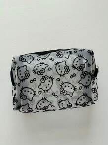 Sanrio 1pc Kitty Flocked & Mesh Portable Cosmetic Bag, Large Capacity Makeup Storage Pouch, Practical For Outdoor Use