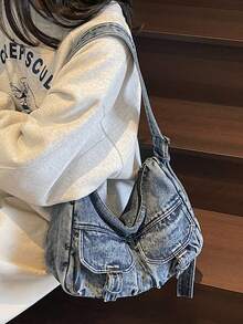 新款休闲时尚柔软牛仔单肩包，带翻盖口袋设计，多功能通勤可调节肩带斜挎包，休闲学生包，适合上下班通勤、购物、旅游和上学。 - 藍色 - 查看 4