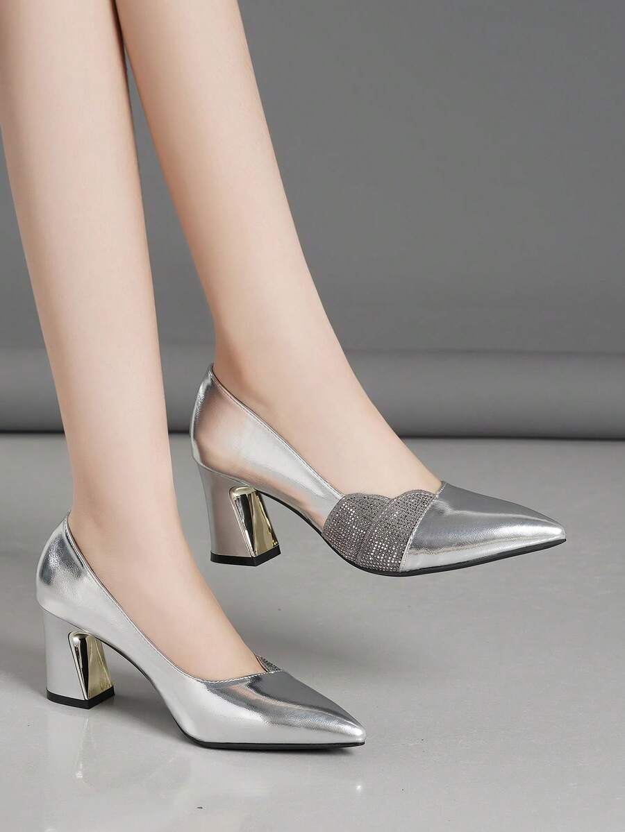 Women's Pointed Toe Chunky Heel Pumps With Rhinestone Decor,Elegant,Party,Kitten Heels - Silver - View 1