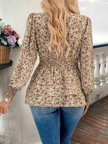 Vintage Ditsy Floral Ruffle Hem Casual Shirt, Autumn