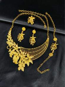 1 set de bijoux plaqués or à la mode pour femme, comprenant 1 collier, 1 bracelet, 1 paire de boucles d'oreilles et 1 bague. Convient pour Dubaï, Afrique, Europe, Amérique, mariées, mariage, fête, fête des mères, rentrée scolaire, Saint-Valentin. Matériau en alliage. Saint-Valentin, Maman, Mère, Fête des Mères, Cadeau