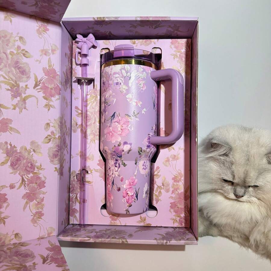 40oz Insulated Rose Pattern Water Bottle With Straw | Leakproof Lid | Gift Ready For Sports & Travel - 紫色 - 查看 1