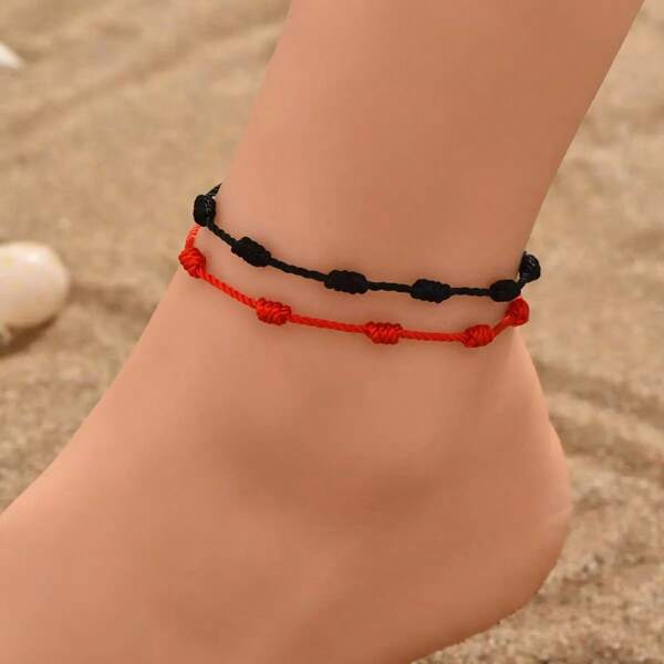 2pcs Simple Braided Anklet Set, Couples, Friends, Lucky Beach Footwear Accessories, Vacation Beach Party Jewelry For Women