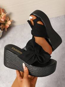 女式厚底坡跟学院风波西米亚蝴蝶结休闲度假时尚凉鞋 - 黑 - 查看 2