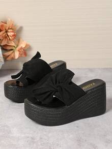 女式厚底坡跟学院风波西米亚蝴蝶结休闲度假时尚凉鞋 - 黑 - 查看 9