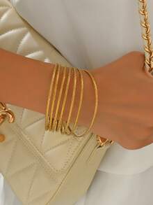 7pcs/Set Elegant Plated Gold Smooth 2mm Thin Bangle Bracelet Set, Suitable For Party, Daily Wear, Anniversary, Holiday Gift - Gold - View 9