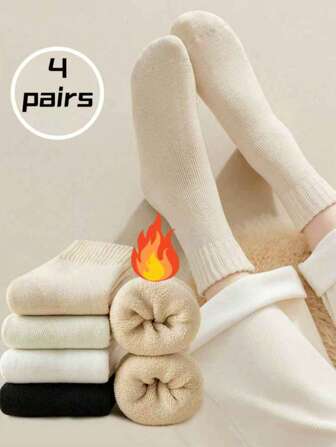 1/4 Pairs Women Thickened Warm Towel Socks, Thermal Lined Mid-Calf Socks For All Seasons, Winter Floor Socks, Cozy Socks