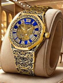 1 件男士复古雕刻钢带、镶嵌钻石、罗马数字、夜光、镂空自动机械腕表