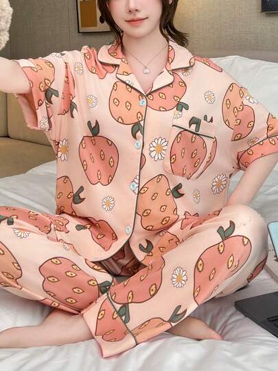 Pure Slumber 2pcs Women Cotton Pajama Set, Pink Collar Open Button Short Sleeve Top & Long Pants Loungewear
