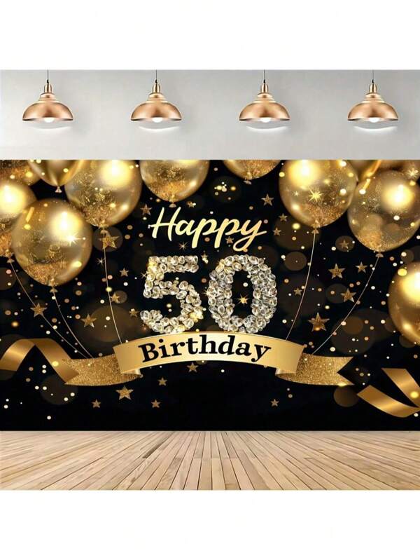 Banner de fondo de 2D, 1 pieza de fondo de fotografía para fiesta de cumpleaños 50th feliz con globos dorados y negros brillantes, banner de pabellón fotográfico de 50th cumpleaños brillante, decoración de bolsa de fiesta, banner de cumpleaños