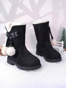 زوج من بوت الأطفال متوسطة الساق مزينة بفيونكة، بطانة من الفرو الصناعي، وظيفة دافئة، متوسطة الارتفاع، كعب مسطح، طراز أزياء، باللون البني مناسبة للموسم البارد